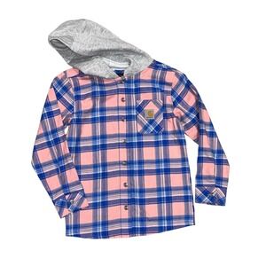 Carhartt Hooded Flannel Shirt Girls Size S 8 Peach Amber Blue Plaid Excellent